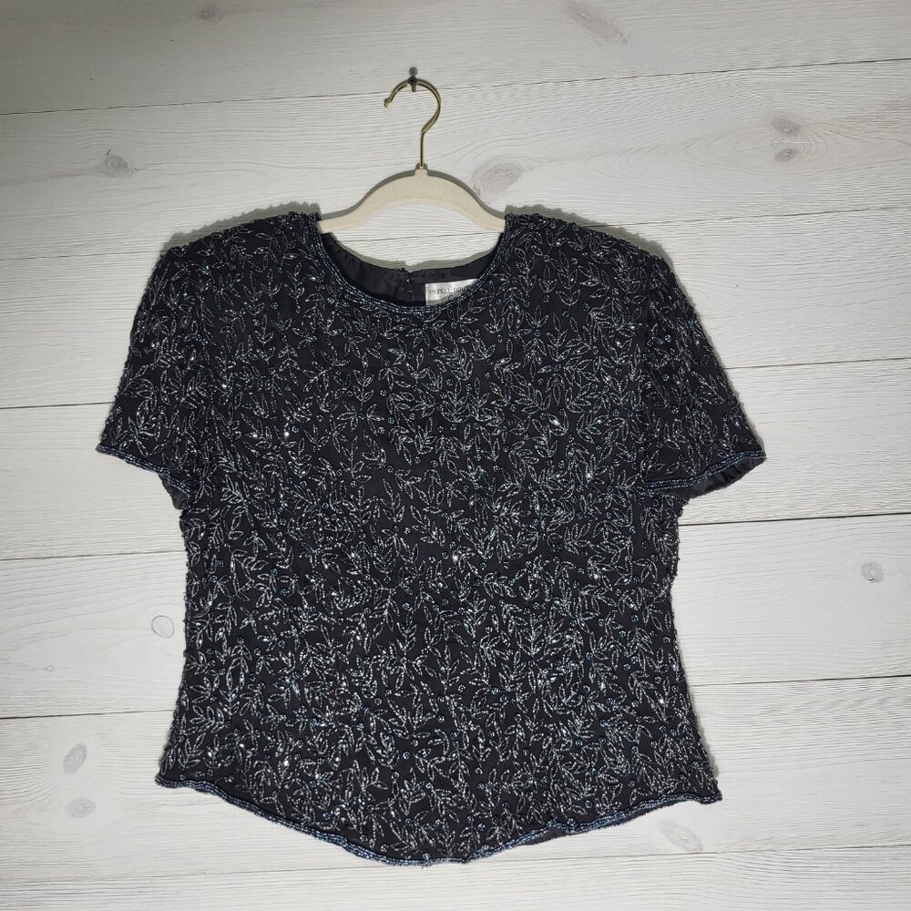 Papell Boutique Top Beaded Silk Glam Party Elegant Evening Wear